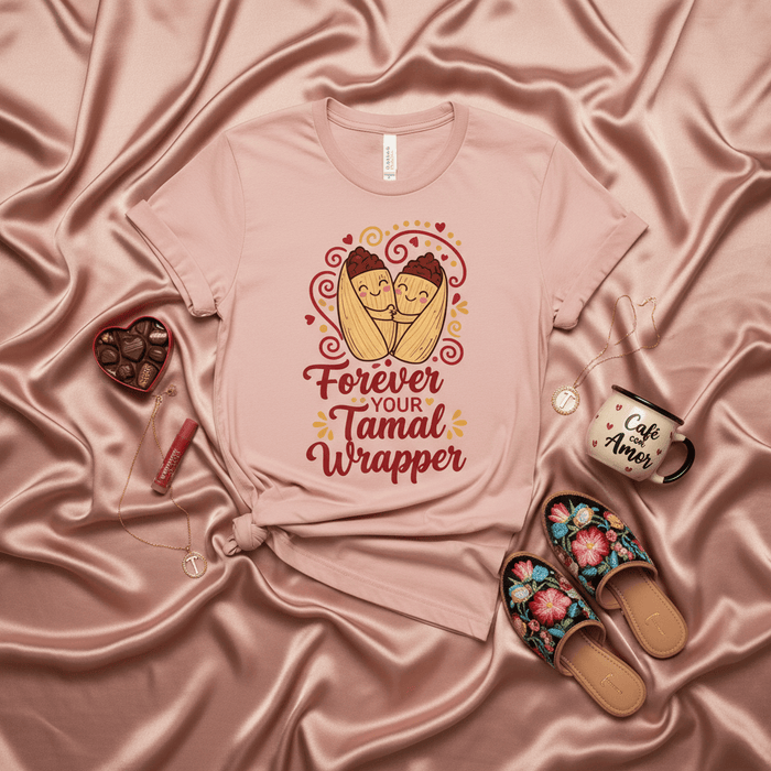 Forever Your Tamal Wrapper T-Shirt, Cute Tamale Couple Shirt, Valentine's Day Love Tee, Hispanic Food Pun Shirt, Funny Relationship Gift for Her, Café con Amor, Latina Culture Apparel, Pink Unisex Top Mexicada