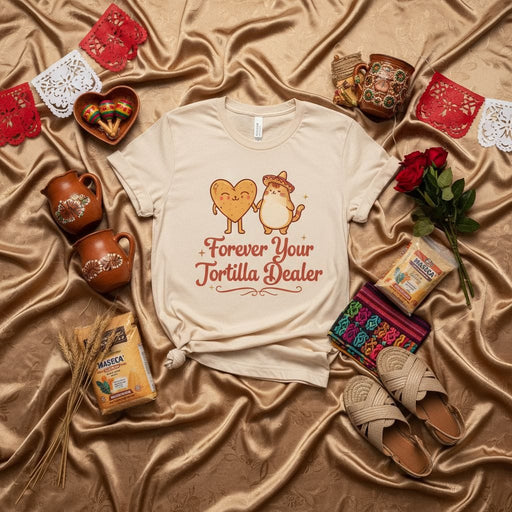 Forever Your Tortilla Dealer Shirt, Cute Heart & Cat Sombrero Tee, Funny Mexican Food Lover Gift, Maseca Comida Latina Apparel, Cinco de Mayo Graphic T-Shirt, Unisex Soft Style T-shirt for Him Her Mexicada