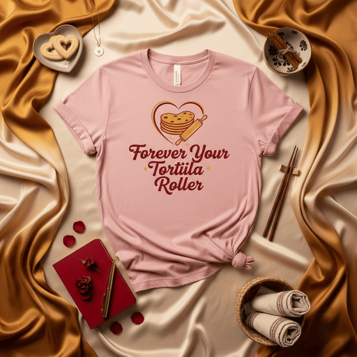 Forever Your Tortilla Roller T-Shirt, Funny Hispanic Food Pun Tee, Cinco de Mayo Valentine's Day Gift, Cute Heart Rolling Pin Graphic Shirt, Unisex Cooking Lover Apparel Mexicada