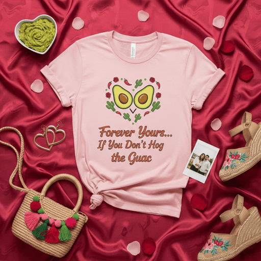 Forever Yours If You Don't Hog the Guac Avocado Shirt, Funny Valentines Day T-Shirt, Cute Guacamole Lover Gift Tee, Unisex Pink Heart Avocados Graphic T-shirt for Him and Her Mexicada