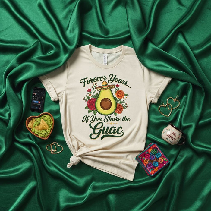 Forever Yours If You Share the Guac T-Shirt, Funny Avocado with Sombrero and Floral Design Unisex Tee, Mexican Food Lover Gift Shirt, Cinco de Mayo Apparel Mexicada