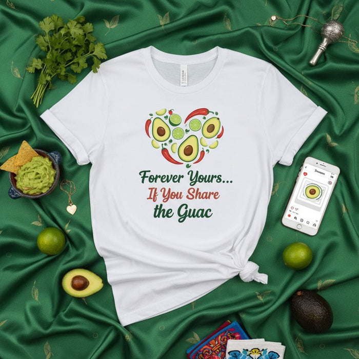 Forever Yours If You Share the Guac T-Shirt, Funny Guacamole Lover Gift Tee, Avocado Heart Design, Mexican Food Humor Shirt, Cinco de Mayo Apparel, Limes and Chili Peppers, Unisex Graphic T-Shirt. Mexicada