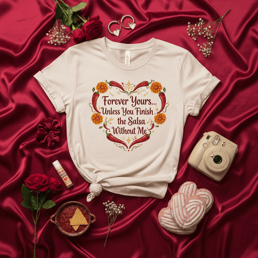 Forever Yours Unless You Finish the Salsa Without Me T-Shirt, Funny Valentine's Day Shirt, Spicy Food Lover Gift, Chili Pepper Heart Graphic Tee, Marigold Flowers, Unisex Fit Mexicada