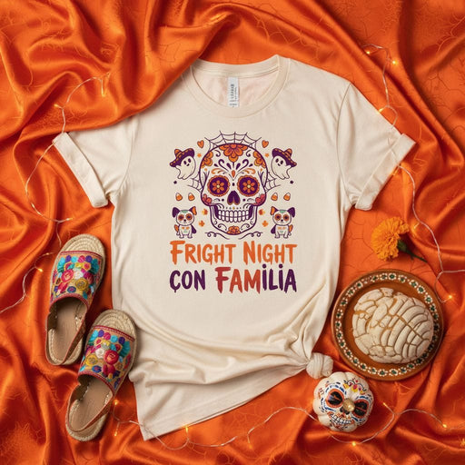 Fright Night con Familia Sugar Skull Halloween T-Shirt, Día de Muertos Shirt with Calavera, Ghosts, and Cats, Spooky Family Gathering Tee, Unisex Graphic Top Mexicada