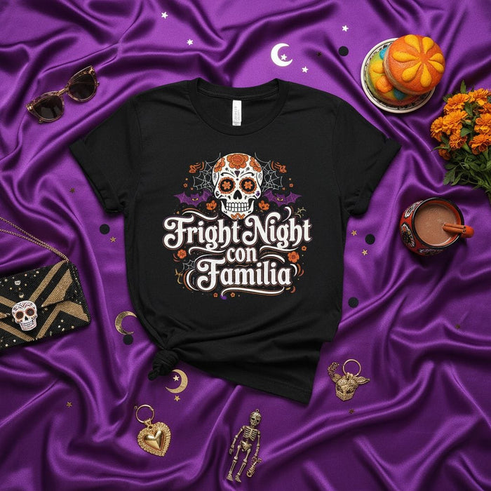 Fright Night Con Familia Sugar Skull T-Shirt, Día de Muertos Halloween Shirt, Calavera Tee, Mexican Family Celebration, Spooky Season Graphic Tee, Fall Festival Outfit Mexicada