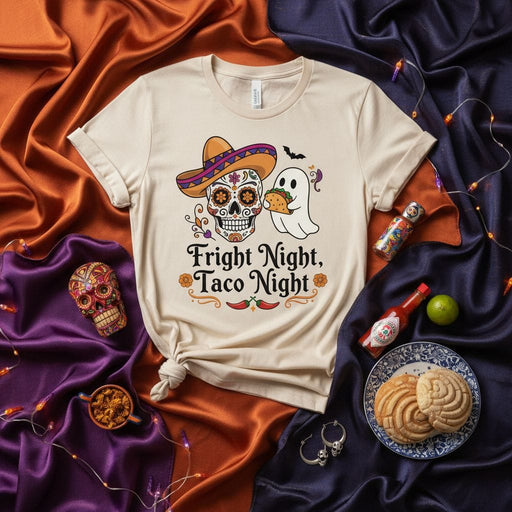 Fright Night Taco Night Shirt, Halloween Sugar Skull Sombrero Ghost Holding Taco Tee, Dia de los Muertos Spooky Funny Fiesta Costume T-Shirt, Unisex Graphic Novelty Gift. Mexicada