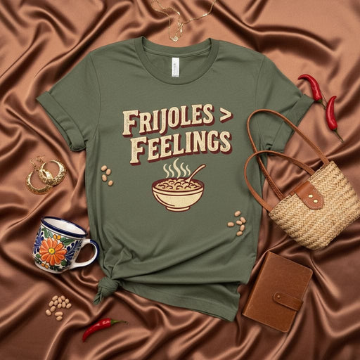 Frijoles > Feelings T-Shirt Funny Spanish Food Bean Lover Graphic Tee Shirt Unisex Gift for Mexican Cuisine Enthusiast, Comfort Colors Style Top with Bowl of Beans Design. Mexicada