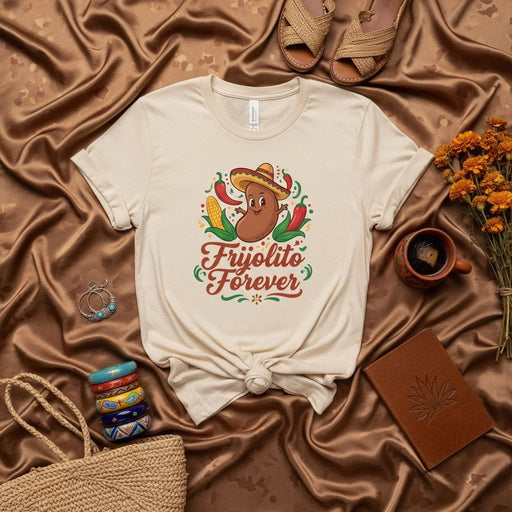 Frijolito Forever T-Shirt, Cute Mexican Bean in Sombrero with Chili Peppers and Corn, Cinco de Mayo Fiesta Foodie Tee, Unisex Graphic Shirt Gift Mexicada
