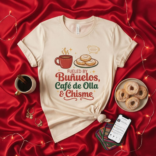 Fueled by Buñuelos, Café de Olla & Chisme T-Shirt | Latinx Food Culture Tee | Spanish Comfort Food Design | Unisex Latin Heritage Shirt Gift Mexicada