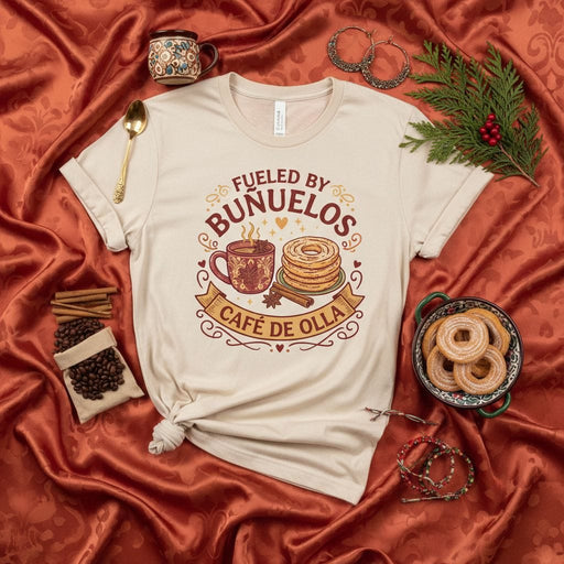 Fueled By Bunuelos & Café de Olla T-Shirt, Sweet Mexican Dessert and Coffee Graphic Tee, Holiday Food Shirt, Spanish Language Shirt, Christmas Gift Idea Mexicada