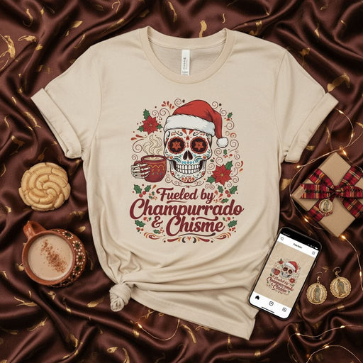 Fueled by Champurrado & Chisme Christmas Sugar Skull T-Shirt, Mexican Hot Chocolate, Holiday Posada, Day of the Dead Santa Hat Tee, Unisex Gift for Latinx Friends and Family Mexicada