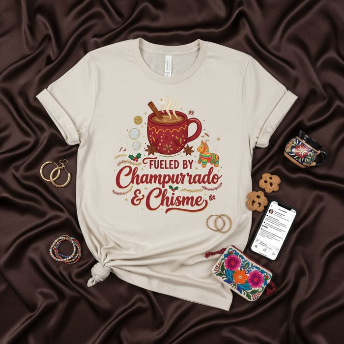 Fueled By Champurrado & Chisme T-Shirt | Mexican Hot Chocolate & Gossip Shirt | Funny Latinx Holiday Christmas Tee | Unisex Softstyle Mexicada