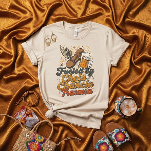 Fueled by Chela and Chancla Trauma T-Shirt, Funny Hispanic Latino Culture Shirt, Spanglish Drinking Beer Tee, Chanclas with Wings Graphic Top Mexicada