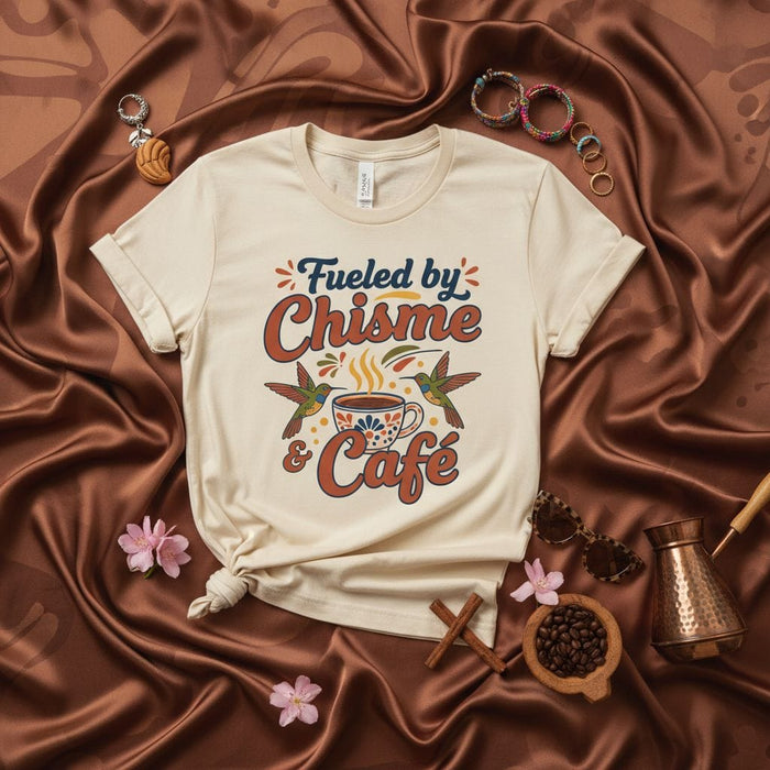 Fueled by Chisme & Café Unisex T-Shirt, Hummingbird Coffee Shirt, Funny Latina T-Shirt, Chismosa Gift, Retro Hispanic Shirt, Spanglish Saying Tee for Women and Men Mexicada