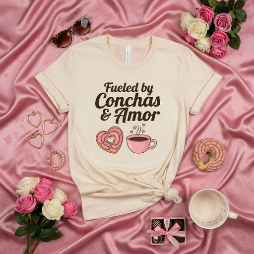 Fueled by Conchas & Amor T-Shirt, Cute Mexican Sweet Bread and Coffee Tee, Pan Dulce Lover Gift, Hispanic Foodie Shirt, Valentines Day Shirt for Her, Latina Gift Mexicada