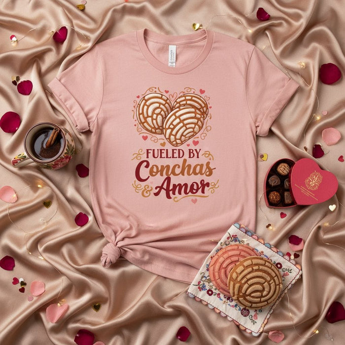 Fueled By Conchas & Amor T-Shirt, Cute Mexican Sweet Bread Heart Design Tee, Latina Valentine's Day Gift, Unisex Pan Dulce Pastry Food Lover Shirt Mexicada