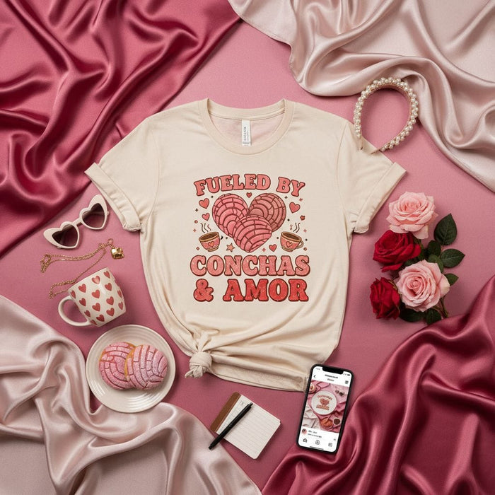 Fueled By Conchas & Amor T-Shirt, Pastel Concha Heart Shirt, Mexican Pan Dulce Tee, Valentine's Day Love Gift, Foodie Shirt, Cute Latinx Apparel Mexicada
