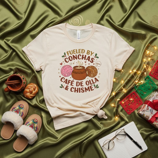 Fueled By Conchas Café de Olla & Chisme T-Shirt, Funny Hispanic Foodie Shirt, Pan Dulce Concha Lover Gift, Mexican Sweet Bread Latte Graphic Tee Mexicada