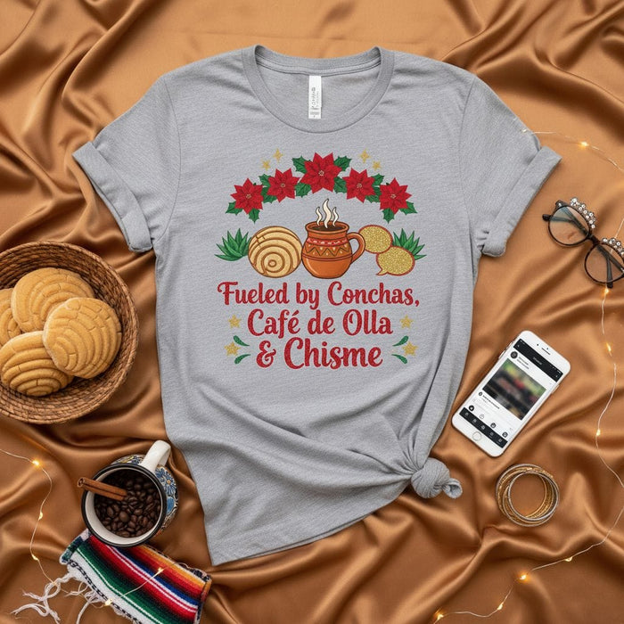 Fueled by Conchas, Café de Olla & Chisme Unisex T-Shirt, Funny Latina Christmas Holiday Shirt, Mexican Pan Dulce Poinsettia Graphic Tee, Cute Gift for Her Mom Sister Friend, Latinx Culture Shirt Mexicada