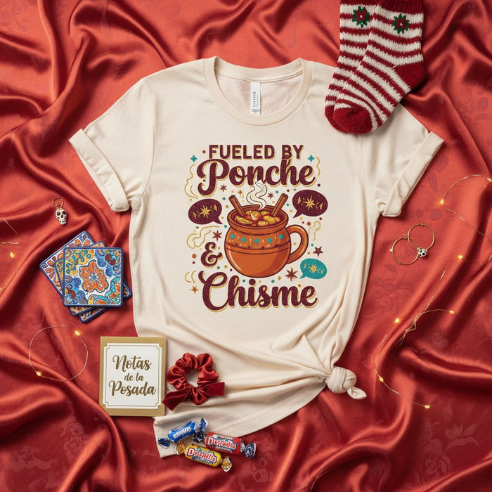 Fueled By Ponche & Chisme T-Shirt Unisex, Christmas Holiday Shirt, Mexican Posada Party Tee, Funny Latinx Pun Gift, Winter Drink and Gossip Graphic Shirt Mexicada