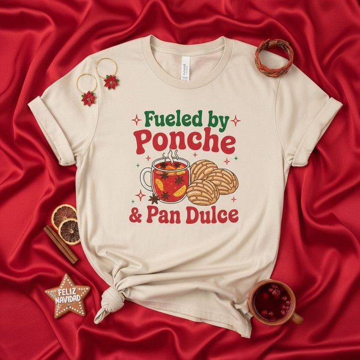 Fueled by Ponche & Pan Dulce T-Shirt, Christmas Holiday Fiesta Shirt, Cozy Winter Drink and Sweet Bread Tee, Feliz Navidad Gift, Festive Mexican Foodie Unisex Apparel Mexicada