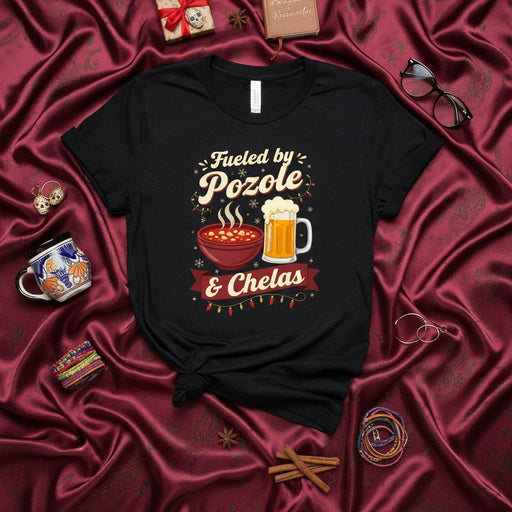 Fueled by Pozole & Chelas T-Shirt Mexican Food Beer Fiesta Holiday Party Shirt Funny Latino Latinx Cuisine Unisex Tee Gift Idea for Men Women Mexicada