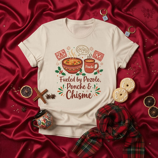 Fueled by Pozole, Ponche & Chisme T-Shirt, Funny Mexican Food & Drink Holiday Tee, Latina Christmas Shirt, Cozy Winter Pozole Weather Gift Idea Mexicada