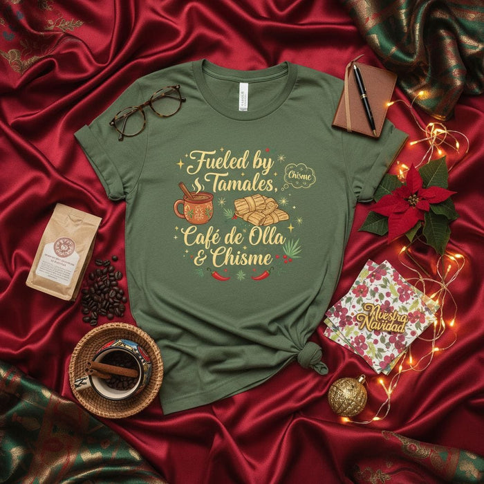 Fueled by Tamales, Café de Olla & Chisme Unisex T-Shirt, Funny Latina Christmas Shirt, Mexican Food Lover Holiday Tee, Chismosa Gift, Navidad Shirt Mexicada