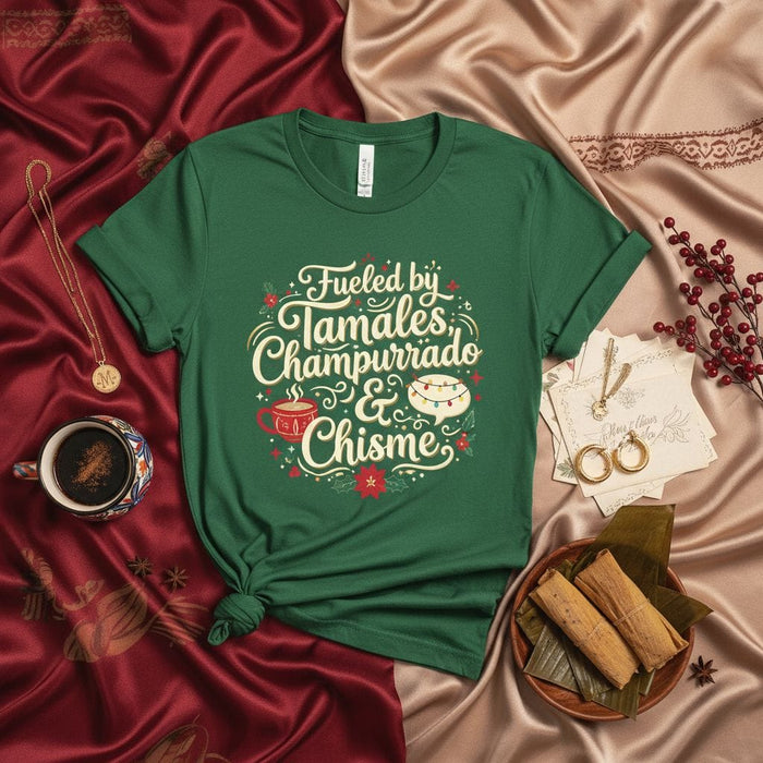 Fueled by Tamales, Champurrado & Chisme Christmas Shirt, Funny Mexican Food Holiday T-Shirt, Spanish Quote Xmas Tee, Latino Family Party Gift for Her Him, Unisex Short Sleeve Top Mexicada