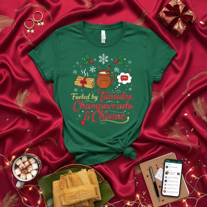 Fueled by Tamales, Champurrado & Chisme T-Shirt | Funny Mexican Food Christmas Holiday Shirt | Festive Winter Cocoa & Tamale Apparel | Unisex Tee Gift Mexicada
