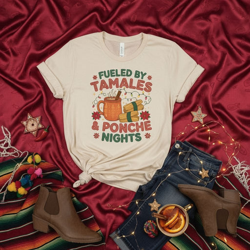 Fueled By Tamales & Ponche Nights Christmas Shirt, Tamales And Ponche Navideño T-Shirt, Mexican Holiday Fiesta Tee, Funny Winter Food Drink Party Top Mexicada