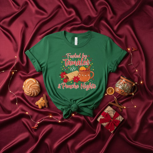 Fueled by Tamales & Ponche Nights Christmas T-Shirt, Holiday Spanish Food Drink Tee, Festive Tamale and Ponche Navideño Shirt for Men and Women, Xmas Celebration Apparel Gift Mexicada