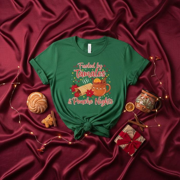 Fueled by Tamales & Ponche Nights Christmas T-Shirt, Holiday Spanish Food Drink Tee, Festive Tamale and Ponche Navideño Shirt for Men and Women, Xmas Celebration Apparel Gift Mexicada
