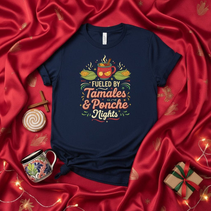 Fueled By Tamales & Ponche Nights Holiday Christmas Shirt, Festive Tamal and Ponche Navideño T-Shirt, Mexican Foodie Unisex Apparel Gift Mexicada