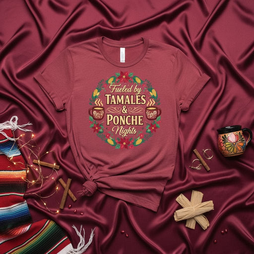 Fueled by Tamales & Ponche Nights T-Shirt, Christmas Tamalada Gift, Holiday Hot Drink Shirt, Mexican Festive Food and Drink Tee, Poinsettia Wreath Design, Unisex Mexicada