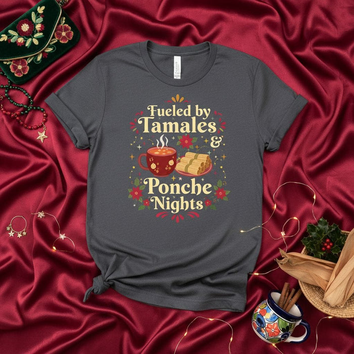 Fueled by Tamales & Ponche Nights T-Shirt, Christmas Tamalada Shirt, Mexican Hot Chocolate & Holiday Drink Tee, Festive Latínx Celebration Gift Mexicada