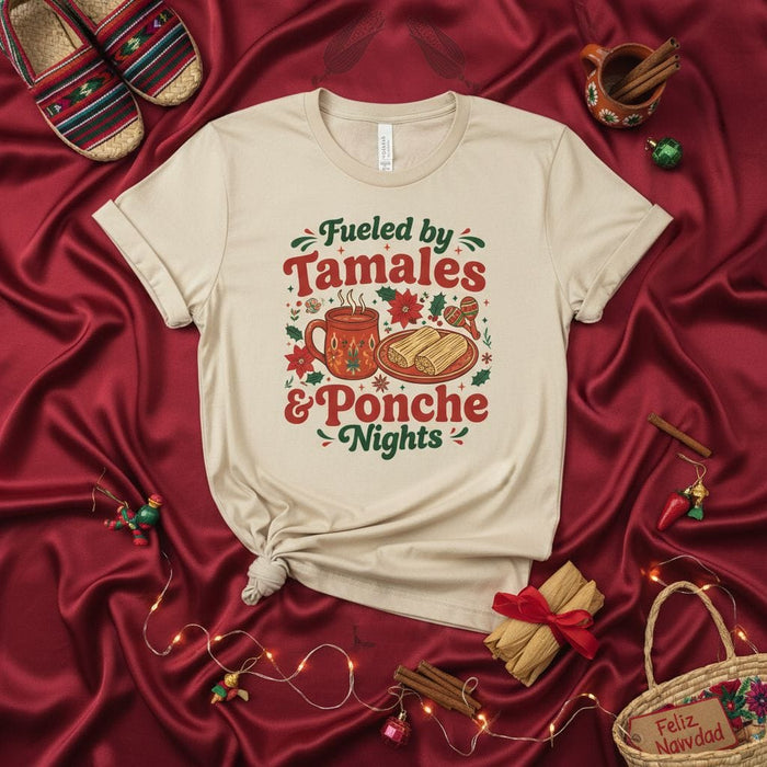 Fueled by Tamales & Ponche Nights T-Shirt, Funny Christmas Holiday Tee, Tamal Lover Gift, Feliz Navidad Fiesta Shirt, Cute Mexican Food Top for Winter Mexicada