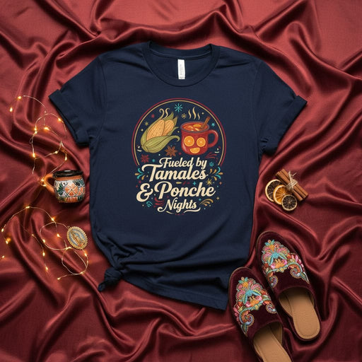 Fueled by Tamales & Ponche Nights T-Shirt, Mexican Food Christmas Holiday Shirt, Cozy Winter Seasonal Tee, Tamalada Party Gift, Maíz & Hot Fruit Punch Tee, Unisex Shirt Mexicada