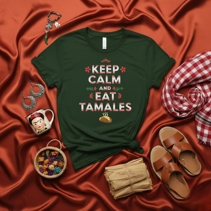 Keep Calm and Eat Tamales T-Shirt, Funny Holiday Mexican Food Shirt, Tamale Lover Gift Tee, Unisex Graphic Hispanic Heritage Apparel