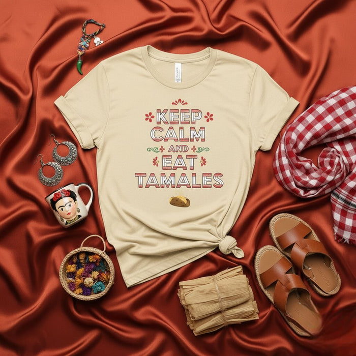 Keep Calm and Eat Tamales T-Shirt, Funny Holiday Mexican Food Shirt, Tamale Lover Gift Tee, Unisex Graphic Hispanic Heritage Apparel