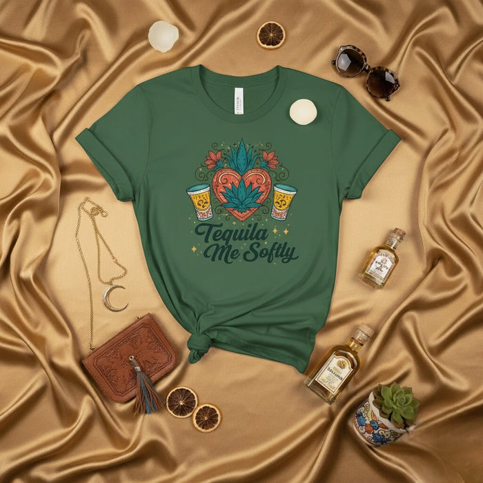 Camiseta Tequila Suavemente, Corazón de Agave, Dos Vasos Tequileros, Gráfica Unisex Retro, Fiesta Mexicana, Cinco de Mayo, Beber Licor