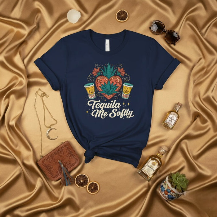 Camiseta Tequila Suavemente, Corazón de Agave, Dos Vasos Tequileros, Gráfica Unisex Retro, Fiesta Mexicana, Cinco de Mayo, Beber Licor