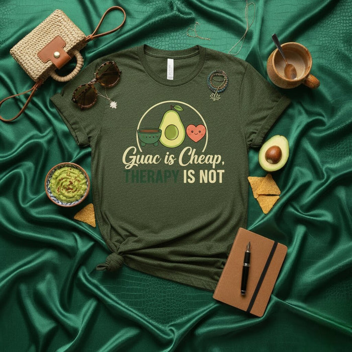 Guac is Cheap, Therapy is Not T-Shirt Funny Avocado Guacamole Lover Gift Tee Unisex Short Sleeve Humorous Foodie Shirt with Heart and Bowl Design