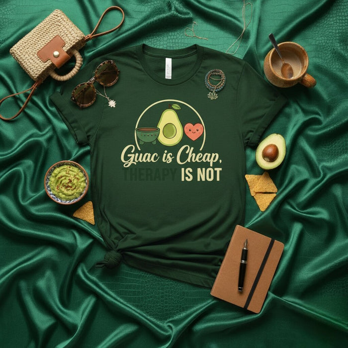Guac is Cheap, Therapy is Not T-Shirt Funny Avocado Guacamole Lover Gift Tee Unisex Short Sleeve Humorous Foodie Shirt with Heart and Bowl Design