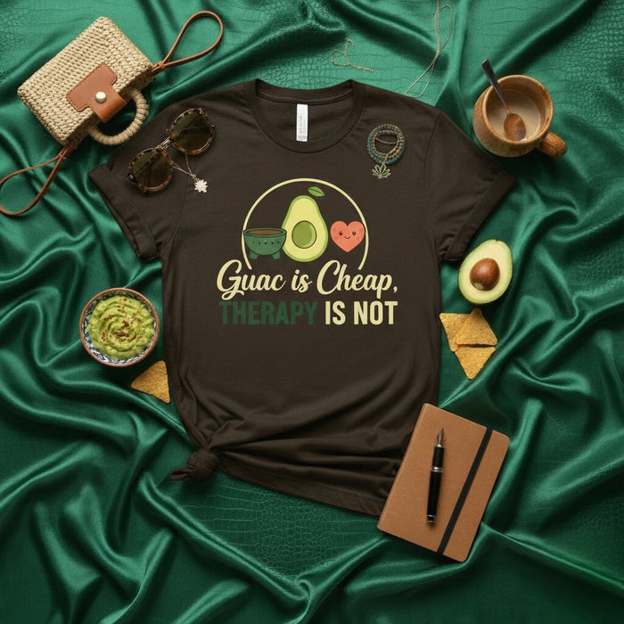 Guac is Cheap, Therapy is Not T-Shirt Funny Avocado Guacamole Lover Gift Tee Unisex Short Sleeve Humorous Foodie Shirt with Heart and Bowl Design