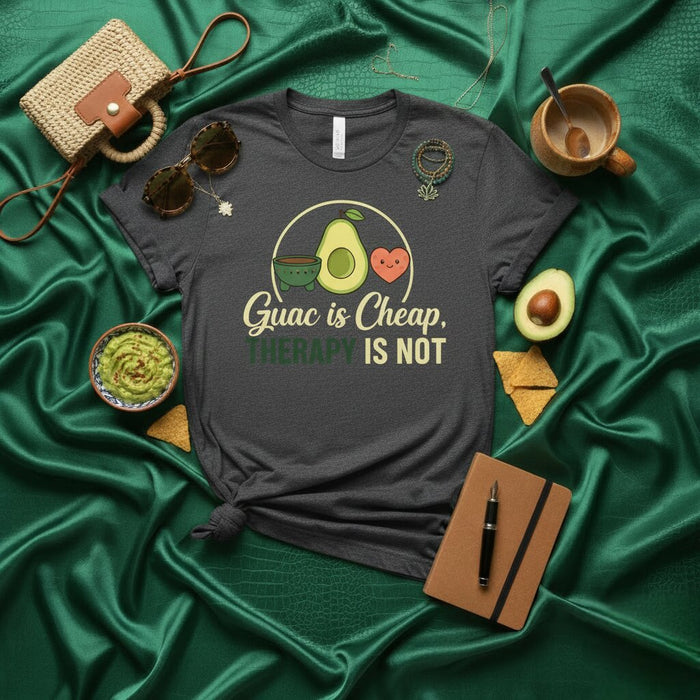 Guac is Cheap, Therapy is Not T-Shirt Funny Avocado Guacamole Lover Gift Tee Unisex Short Sleeve Humorous Foodie Shirt with Heart and Bowl Design