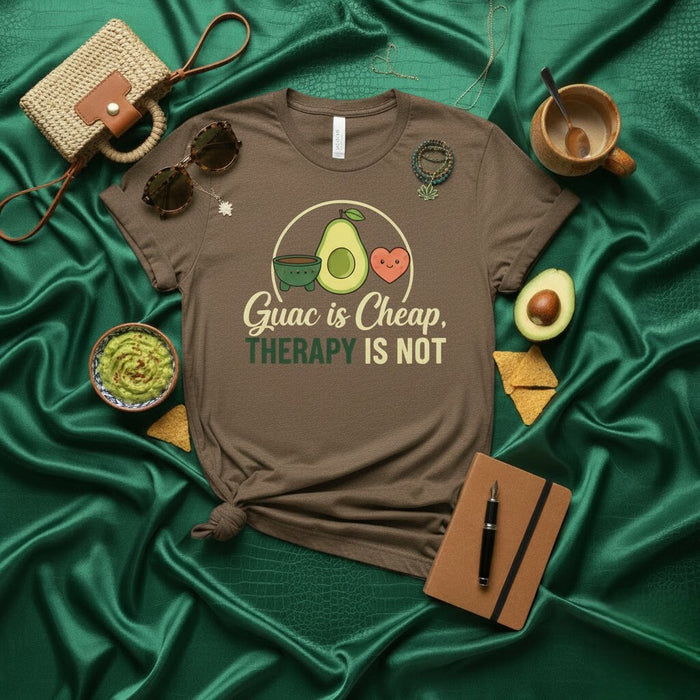 Guac is Cheap, Therapy is Not T-Shirt Funny Avocado Guacamole Lover Gift Tee Unisex Short Sleeve Humorous Foodie Shirt with Heart and Bowl Design