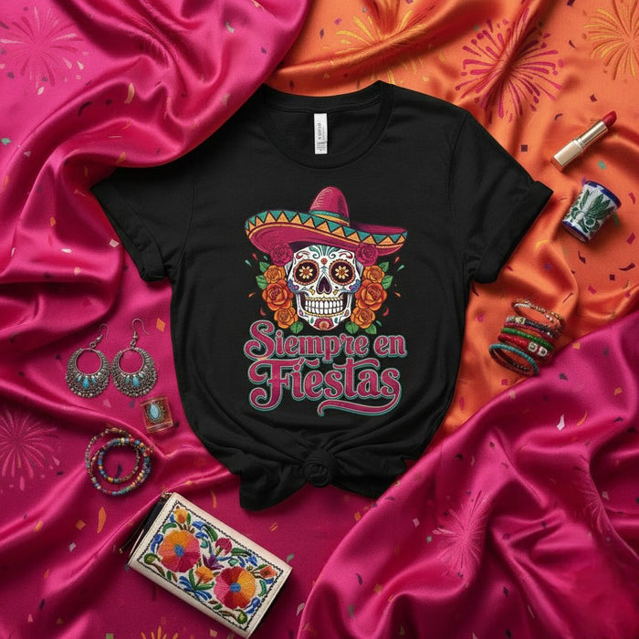 T-shirt Siempre en Fiestas Tête de Mort en Sucre Jour des Morts Tee-shirt Fête Mexicaine Dia de Muertos Haut Unisexe Imprimé Graphique Sombrero Roses et Fleurs