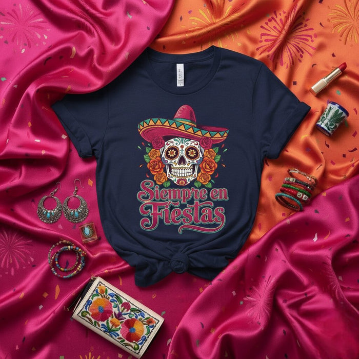 T-shirt Siempre en Fiestas Tête de Mort en Sucre Jour des Morts Tee-shirt Fête Mexicaine Dia de Muertos Haut Unisexe Imprimé Graphique Sombrero Roses et Fleurs