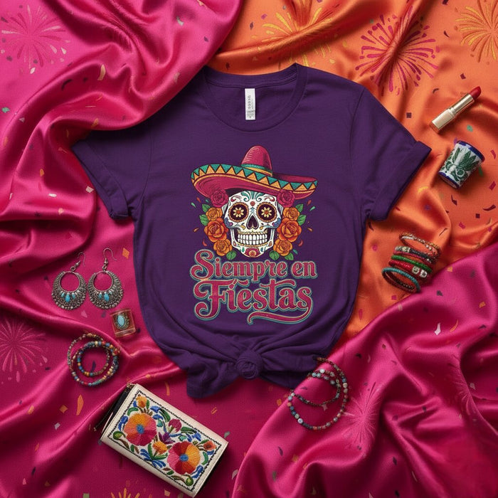 T-shirt Siempre en Fiestas Tête de Mort en Sucre Jour des Morts Tee-shirt Fête Mexicaine Dia de Muertos Haut Unisexe Imprimé Graphique Sombrero Roses et Fleurs